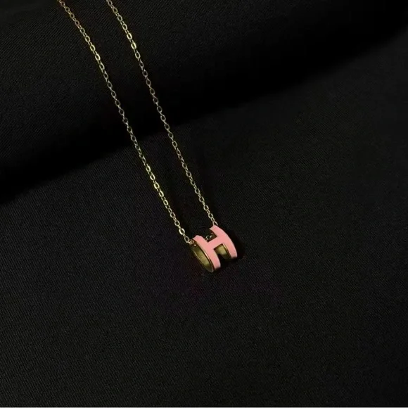 18K Gold Pink Enameled Minimalist Letter H Shaped Pendant Necklace - Picture 2 of 4